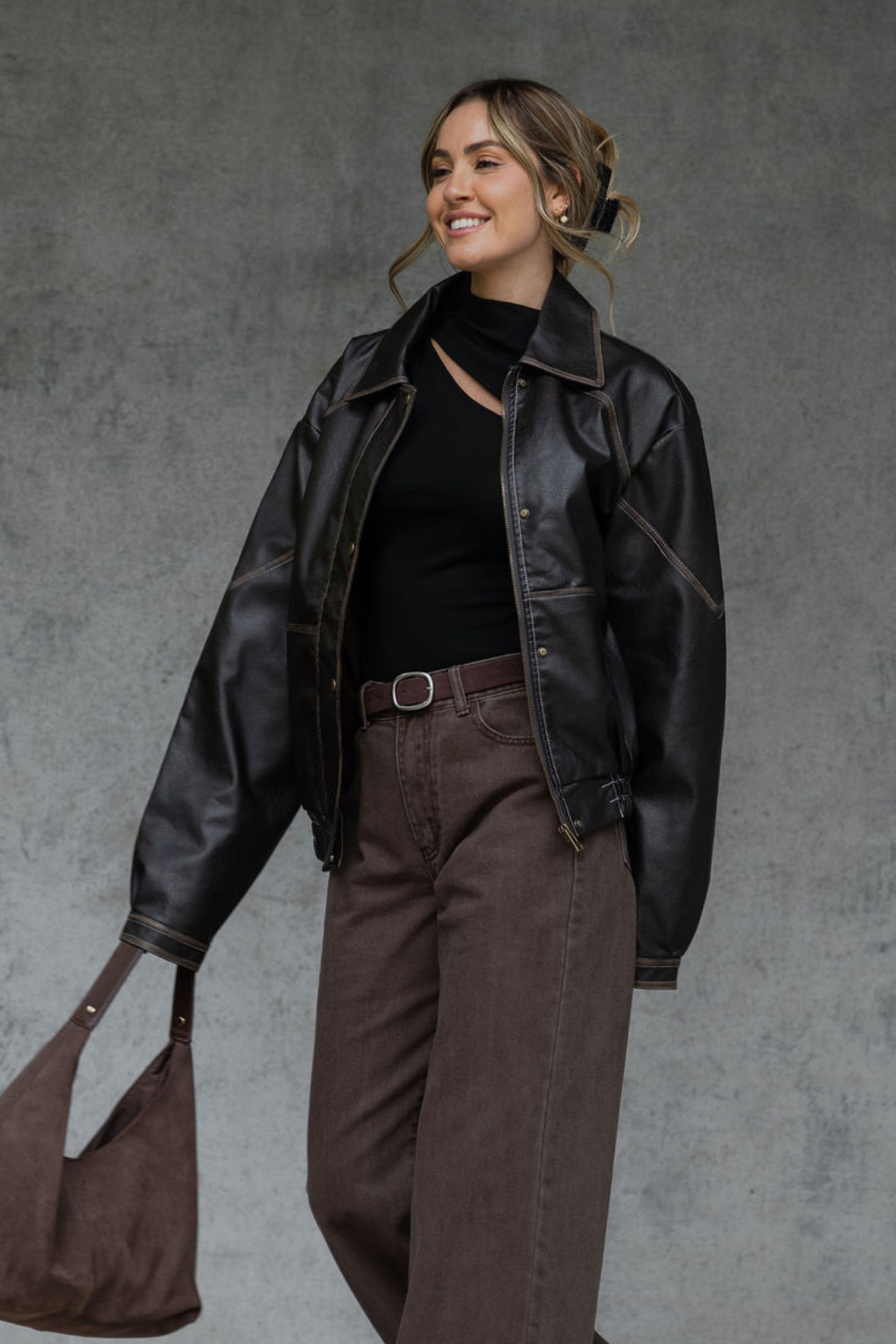 Eddie Faux Leather Jacket - Choc Brown