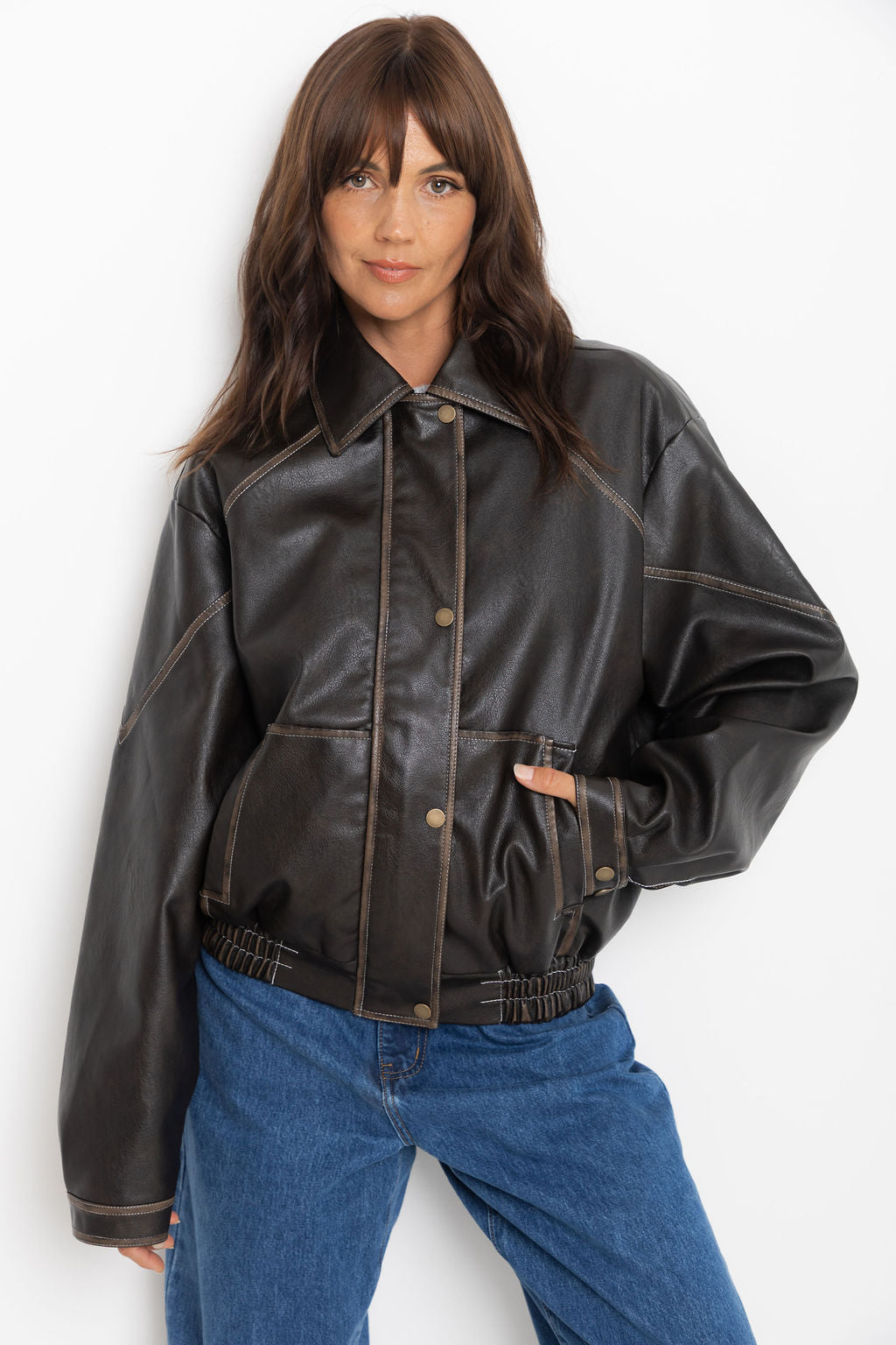 Eddie Faux Leather Jacket - Choc Brown