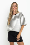 Zephyr Relaxed-Fit Tee - Cream with Olive & Black Stripes
