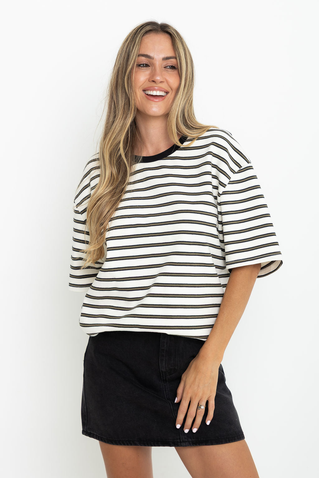 Zephyr Relaxed-Fit Tee - Cream with Olive & Black Stripes