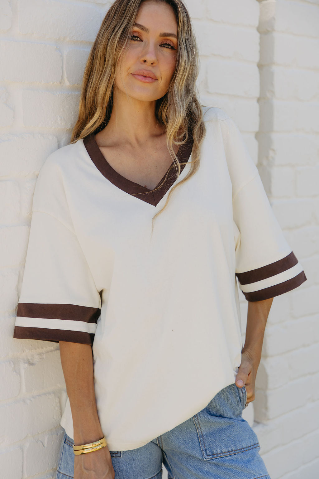 Stevie Relaxed-Fit V-Neck Tee - Butter and Chocolate