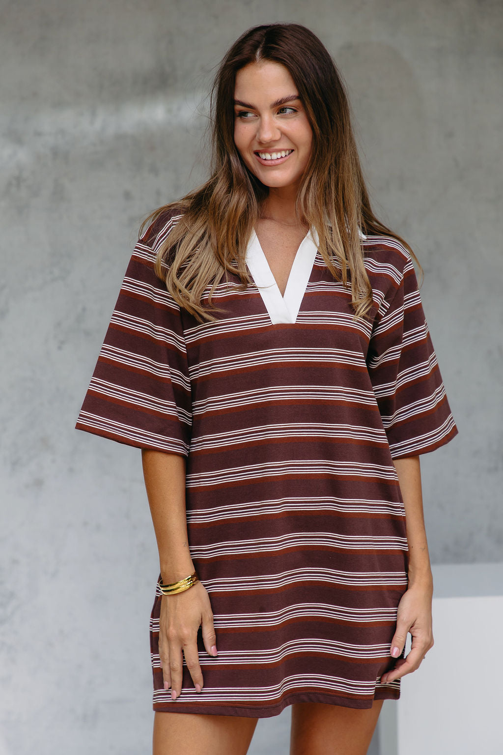 Soho Rugby Stripe Shirt Dress - Chocolate