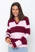Taylor Rugby Stripe Polo Knit - Pink and Burgundy