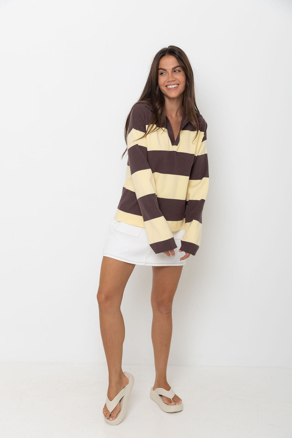 Taylor Rugby Stripe Polo Knit - Yellow and Choc