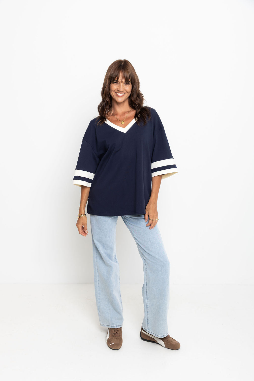 Stevie Relaxed-Fit V-Neck Tee - Navy and Butter
