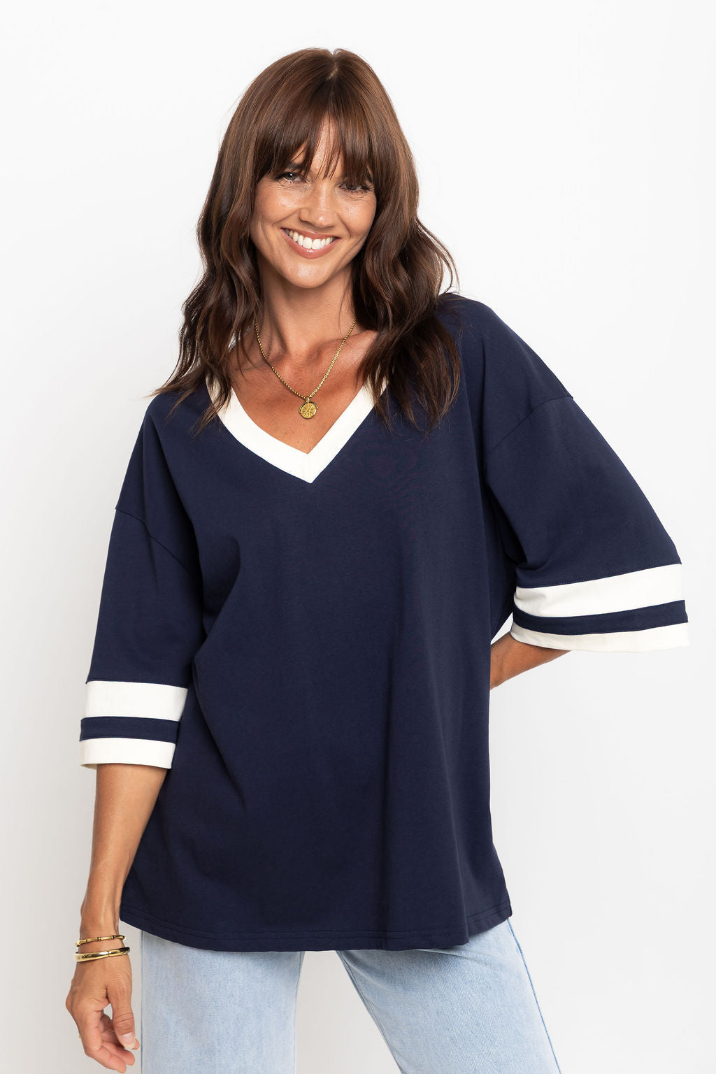 Stevie Relaxed-Fit V-Neck Tee - Navy and Butter
