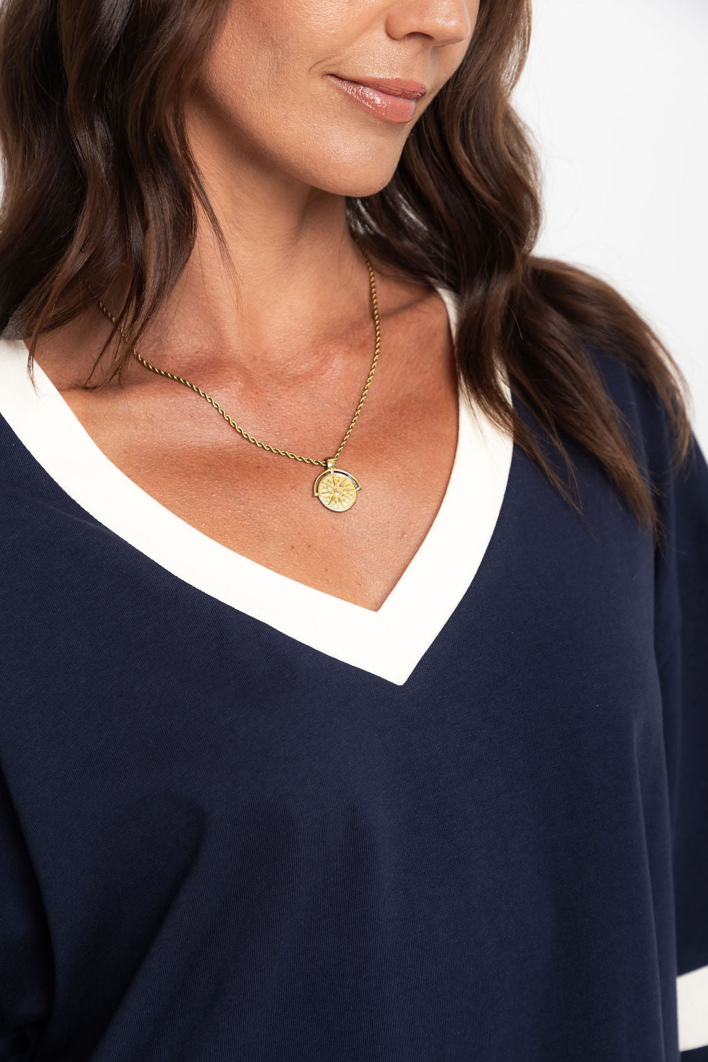 Stevie Relaxed-Fit V-Neck Tee - Navy and Butter