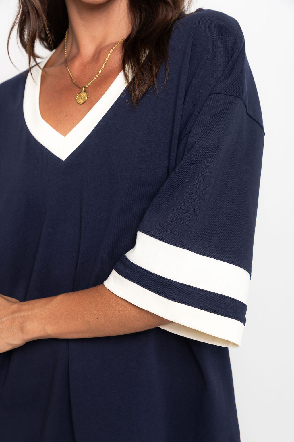 Stevie Relaxed-Fit V-Neck Tee - Navy and Butter