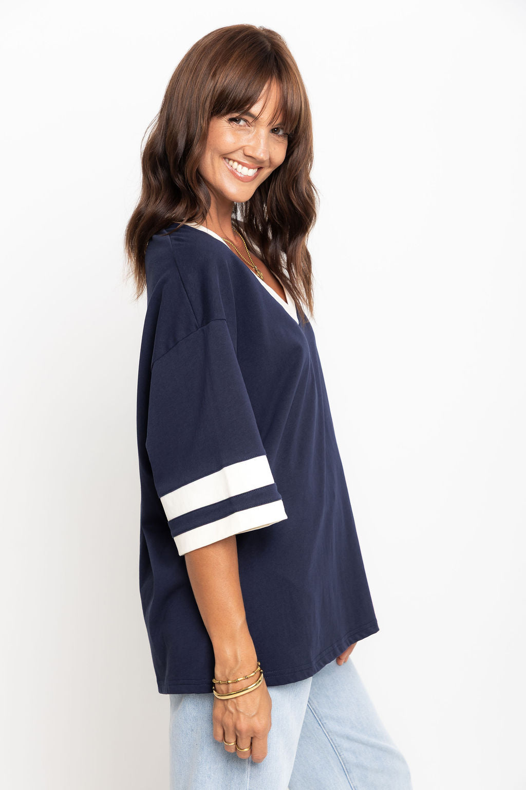 Stevie Relaxed-Fit V-Neck Tee - Navy and Butter