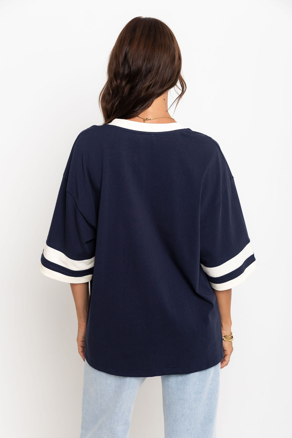 Stevie Relaxed-Fit V-Neck Tee - Navy and Butter