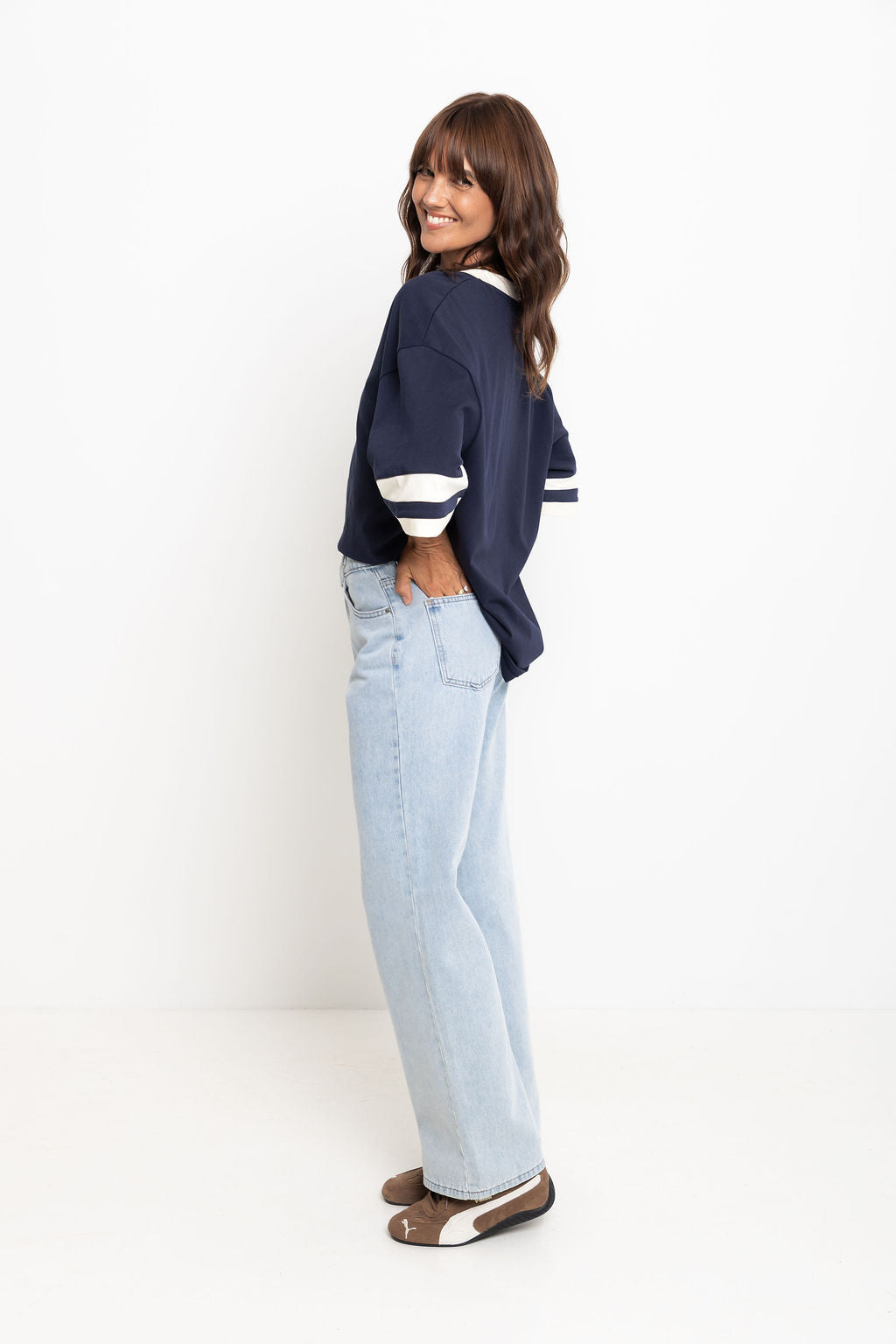 Stevie Relaxed-Fit V-Neck Tee - Navy and Butter
