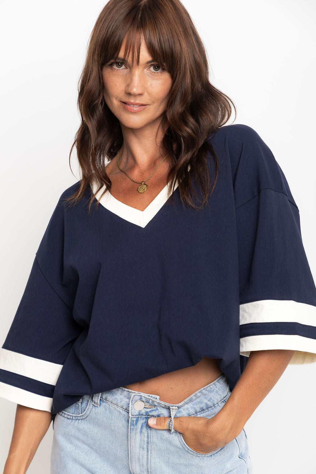 Stevie Relaxed-Fit V-Neck Tee - Navy and Butter