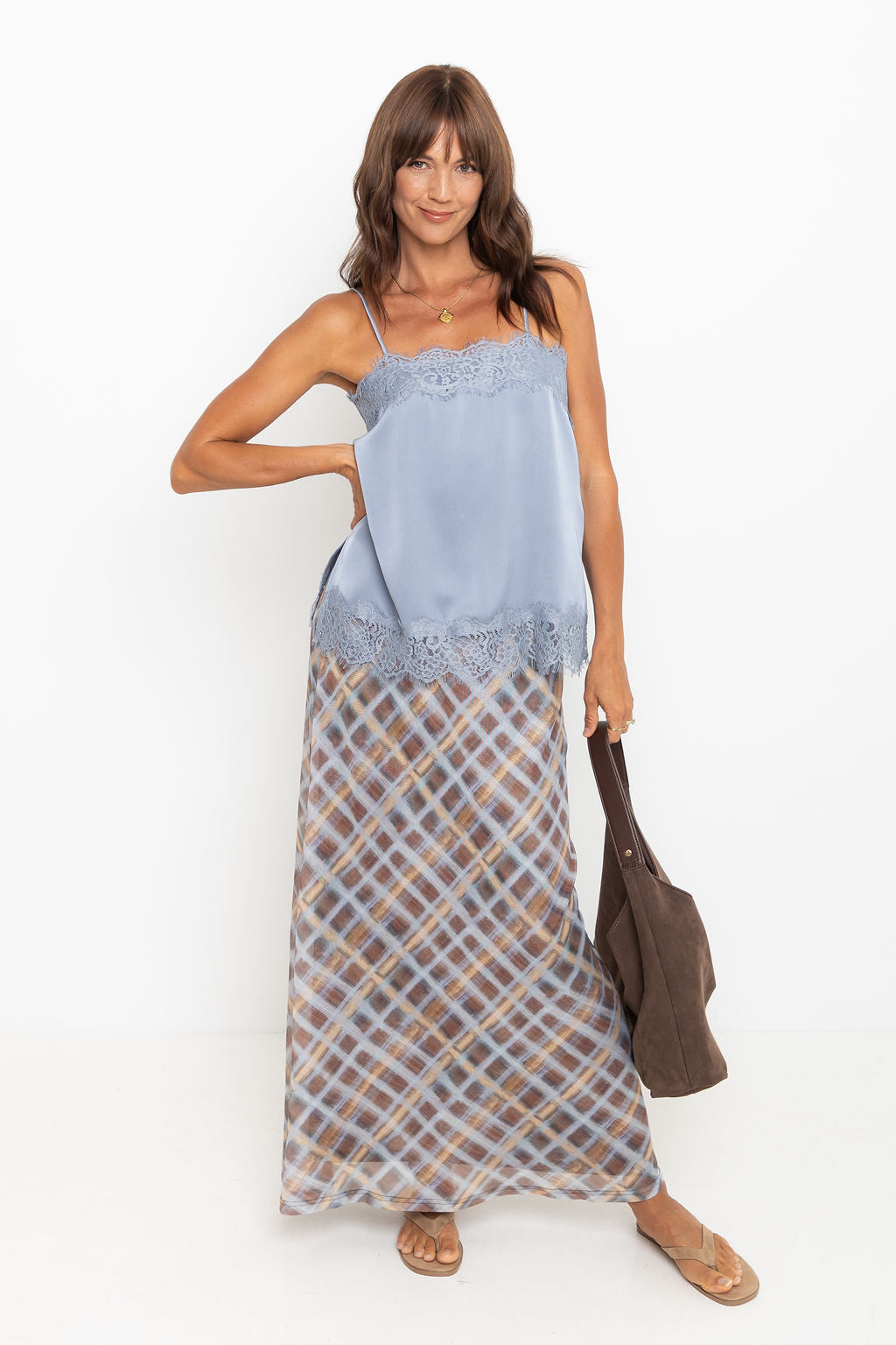 Elce Satin Lace Cami Top - Steel Blue