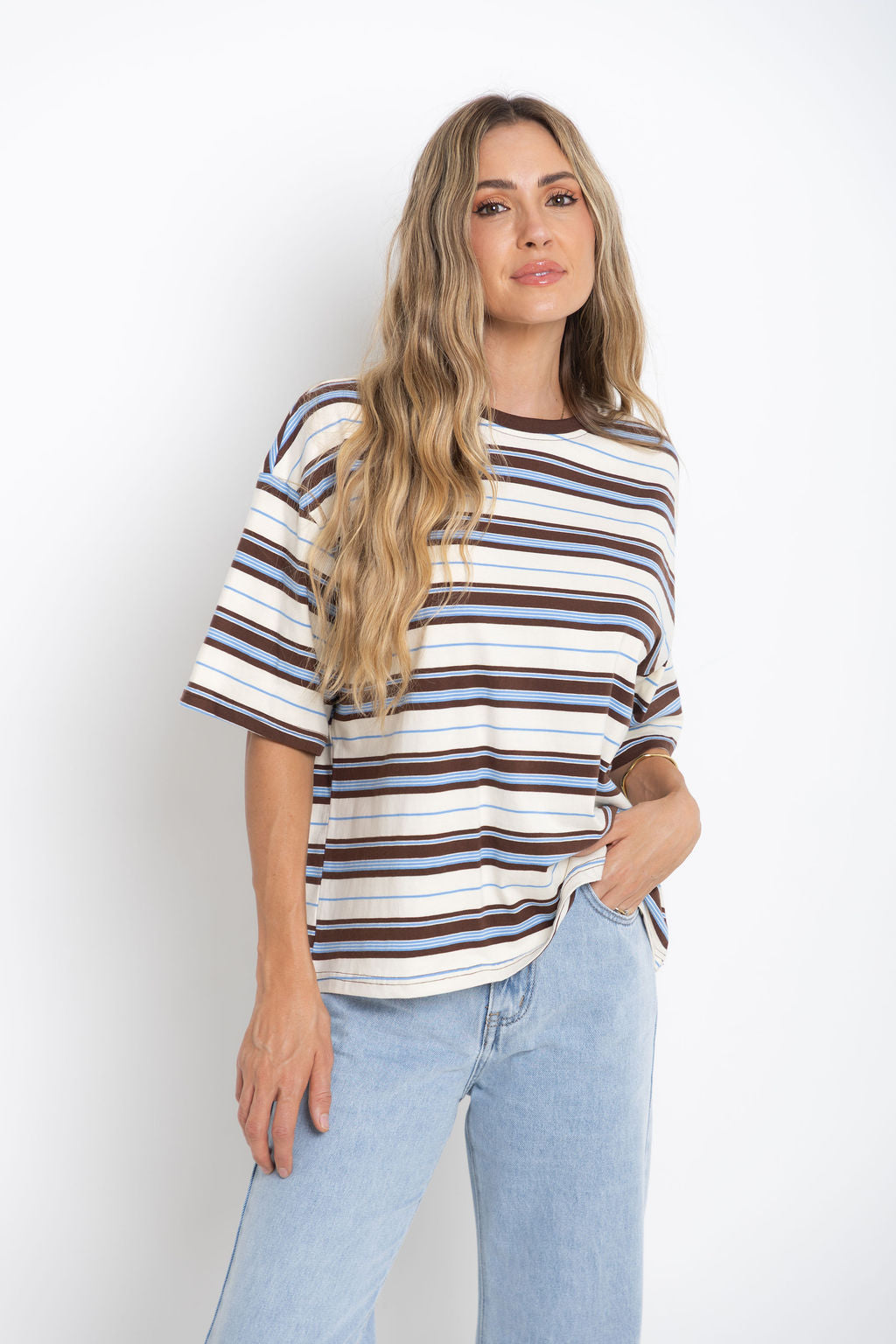 Ryan Relaxed-Fit Stripe Tee - Choc and Blue