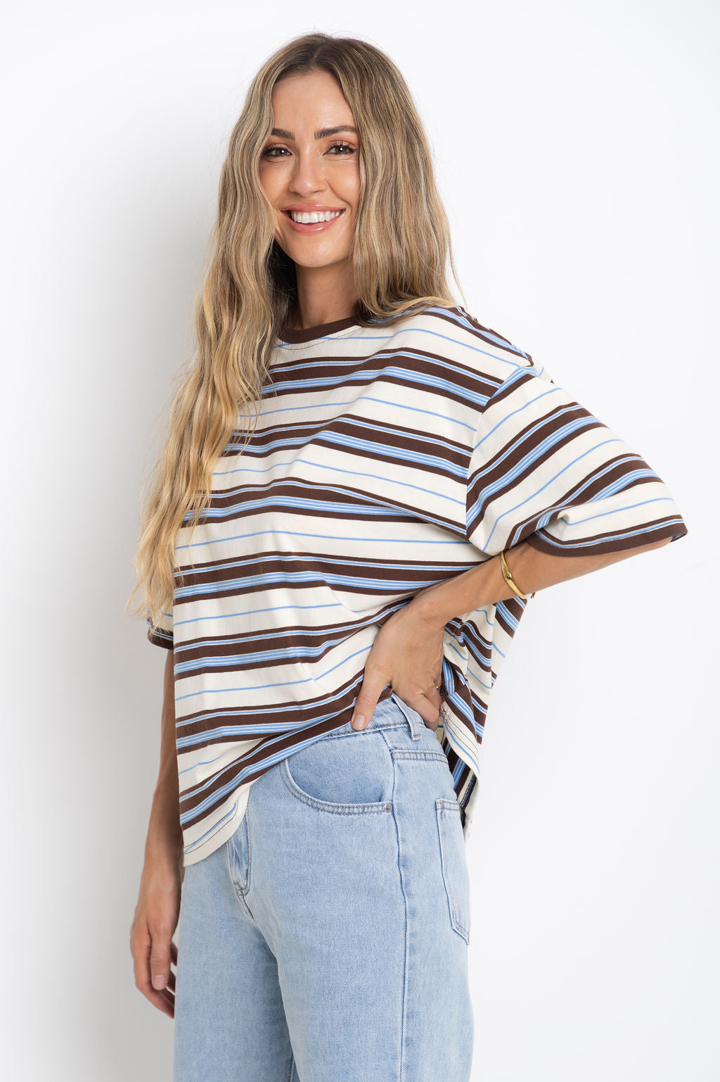 Ryan Relaxed-Fit Stripe Tee - Choc and Blue