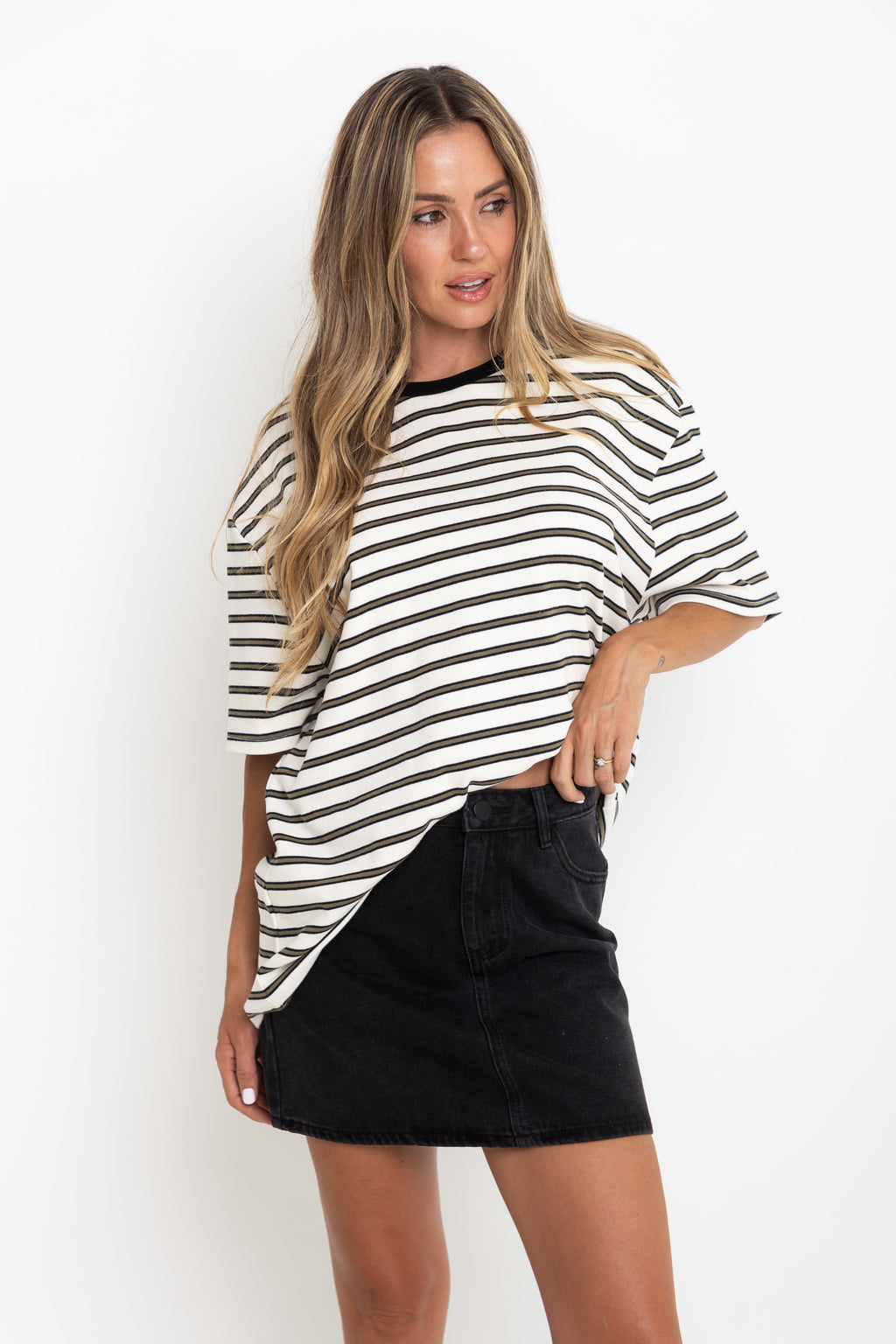 Zephyr Relaxed-Fit Tee - Cream with Olive & Black Stripes