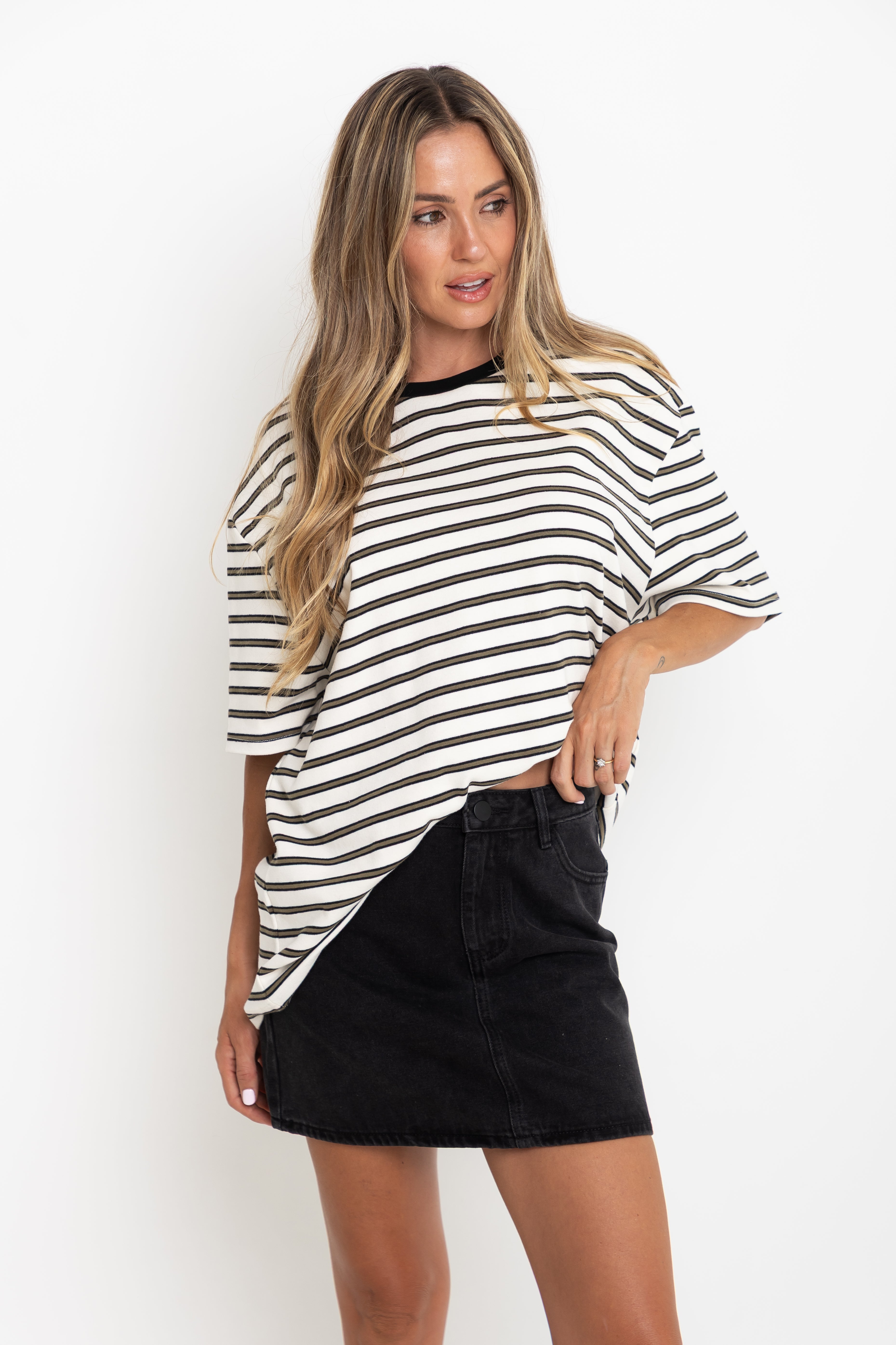 Zephyr Relaxed-Fit Tee - Cream with Olive & Black Stripes