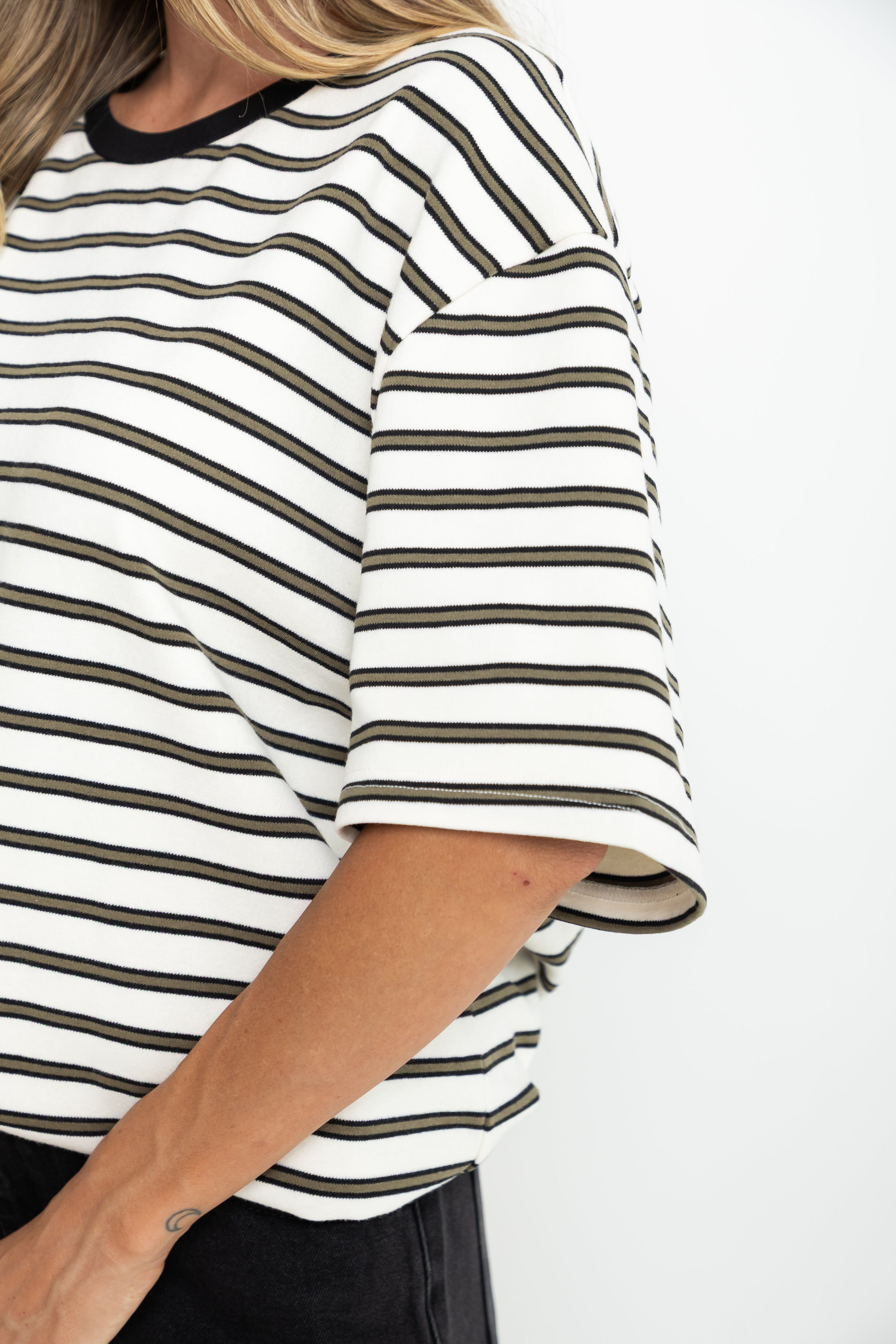 Zephyr Relaxed-Fit Tee - Cream with Olive & Black Stripes