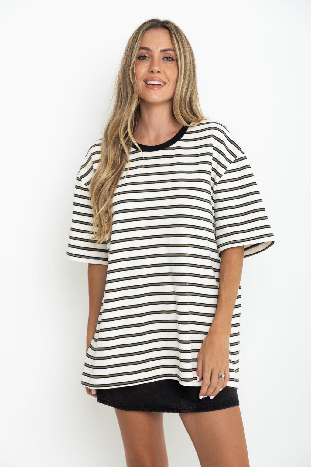Zephyr Relaxed-Fit Tee - Cream with Olive & Black Stripes