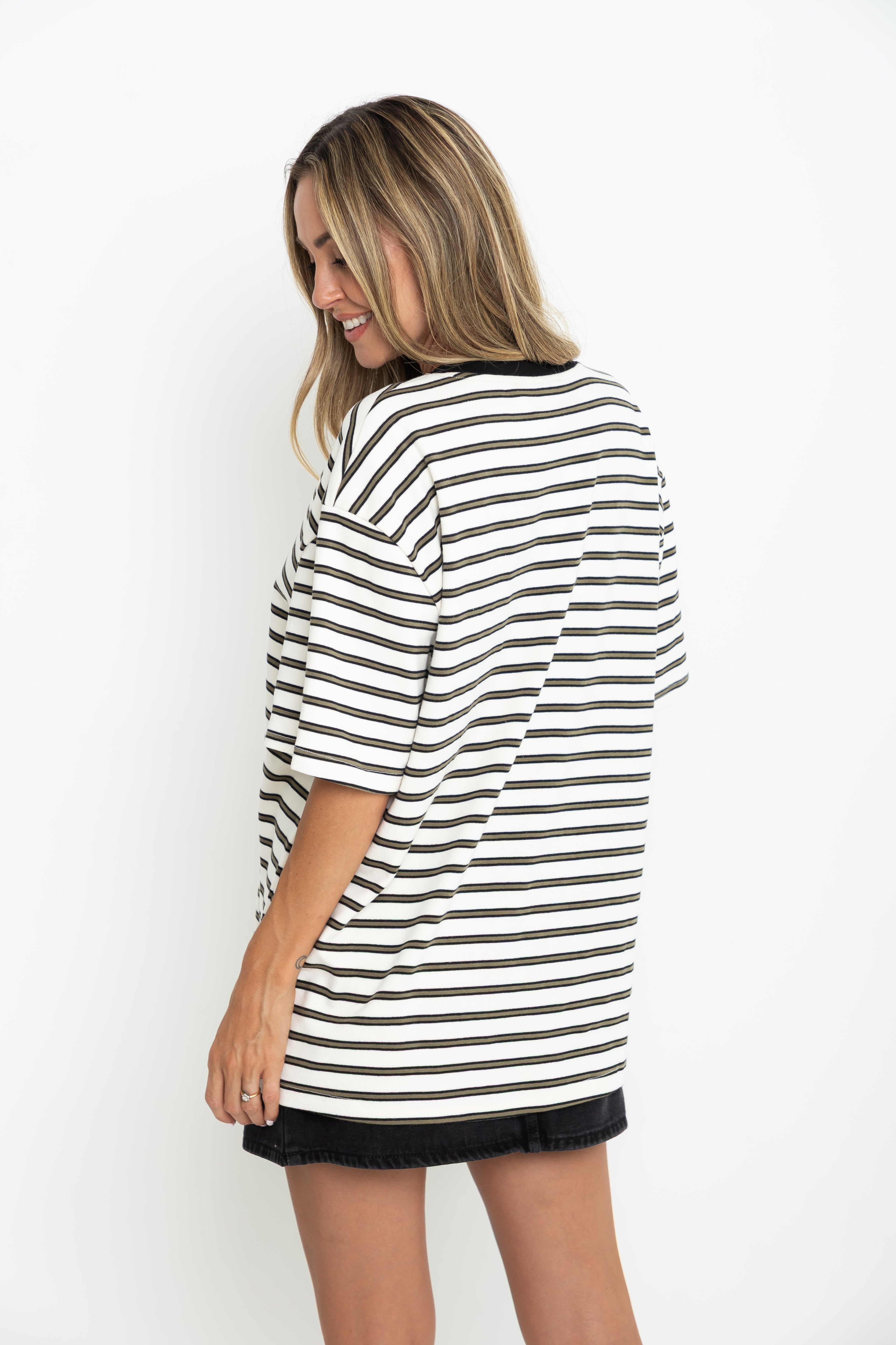 Zephyr Relaxed-Fit Tee - Cream with Olive & Black Stripes