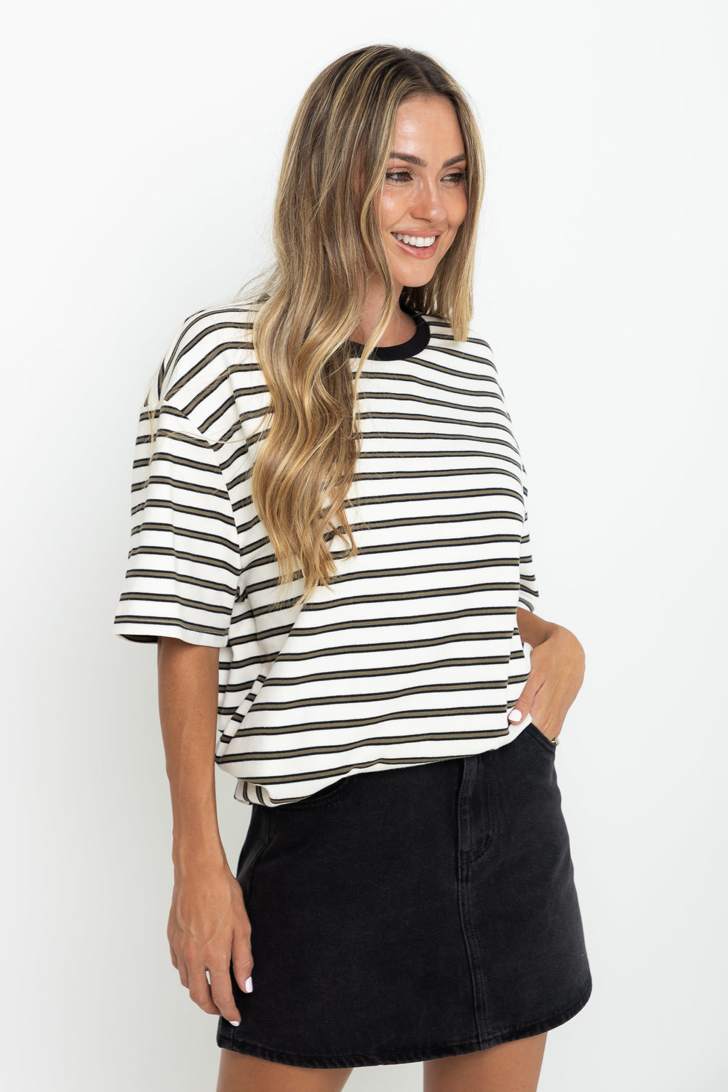Zephyr Relaxed-Fit Tee - Cream with Olive & Black Stripes